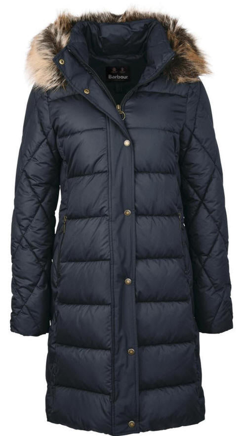 Barbour long quilted coat, fur-trim hood, button front, dark navy