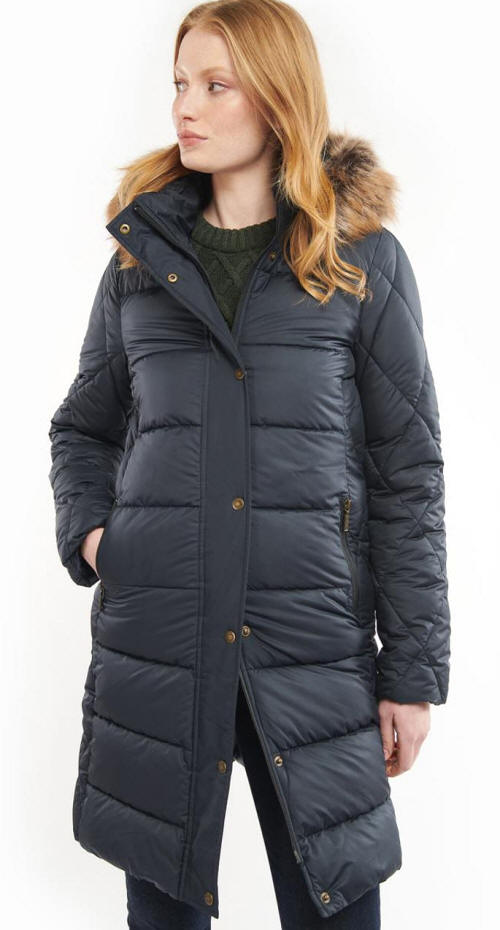 Dark navy quilt jacket with fur-trimmed hood, button front, mid-calf length
