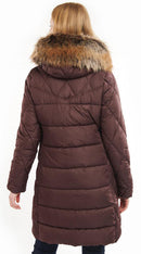Quilt jacket with faux fur hood trim, dark plum, quilted back view.
