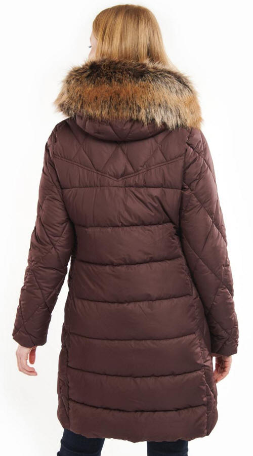 Quilt jacket with faux fur hood trim, dark plum, quilted back view.