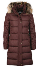Quilt jacket front with faux fur trimmed hood, button placket, dark plum.