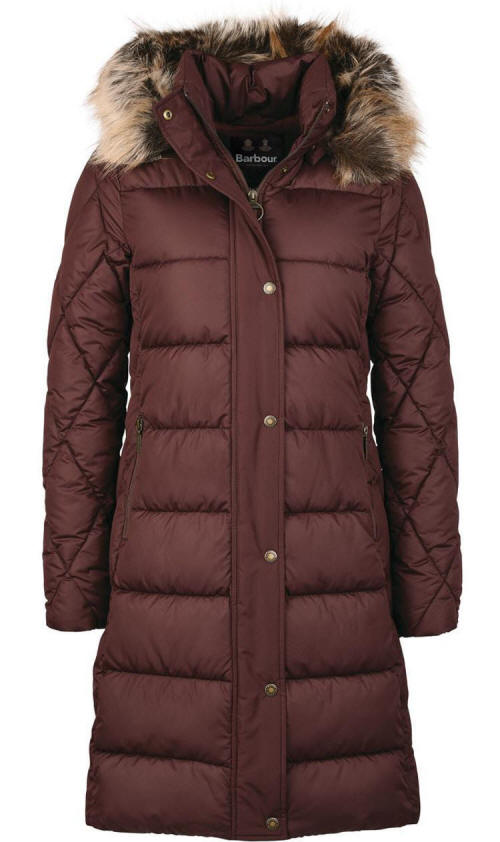 Quilt jacket front with faux fur trimmed hood, button placket, dark plum.