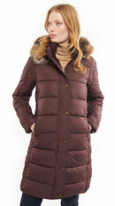 Quilt jacket with faux fur hood trim, dark plum, button front and chest pockets.
