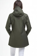 Olive green hooded waterproof parka jacket, back view with snap buttons and long length