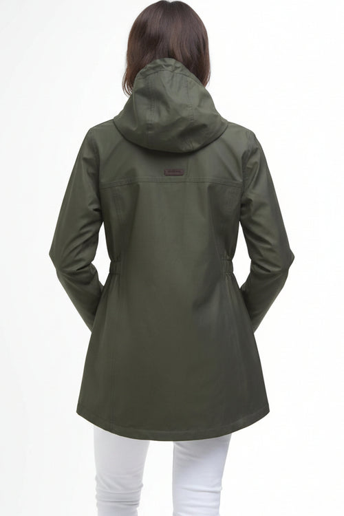 Olive green hooded waterproof parka jacket, back view with snap buttons and long length