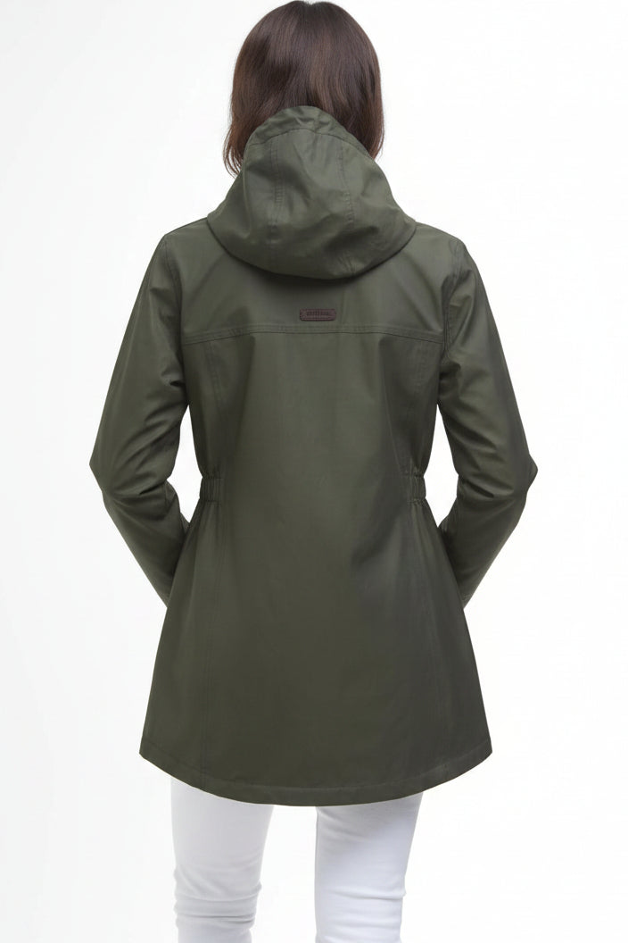 Olive green hooded waterproof parka jacket, back view with snap buttons and long length