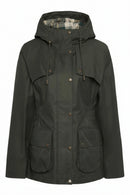 Dark olive hooded waterproof jacket with drawcord, snap front, and four button pockets