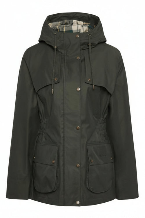 Dark olive hooded waterproof jacket with drawcord, snap front, and four button pockets