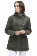 Olive green hooded waterproof parka jacket with drawcord, snap buttons, and patch pockets