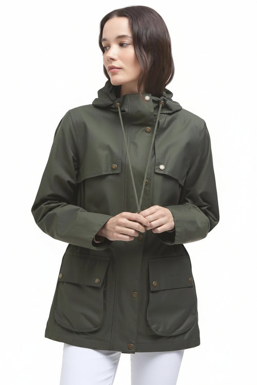 Olive green hooded waterproof parka jacket with drawcord, snap buttons, and patch pockets