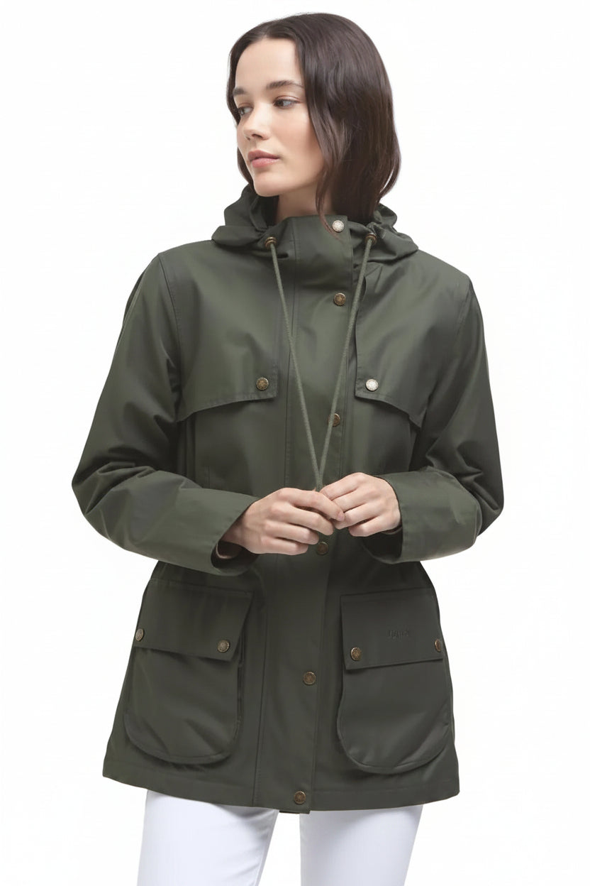 Olive green hooded waterproof parka jacket with drawcord, snap buttons, and patch pockets