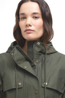 Olive hooded waterproof jacket collar with snap buttons and zipped front close-up