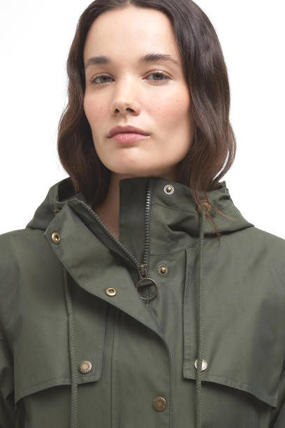Olive hooded waterproof jacket collar with snap buttons and zipped front close-up