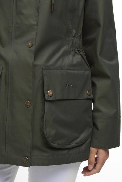 Olive waterproof jacket with buttoned chest pocket and side handwarmer pocket