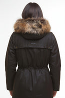 Dark brown waxed parka with fur-trimmed hood, rear view, belted waist