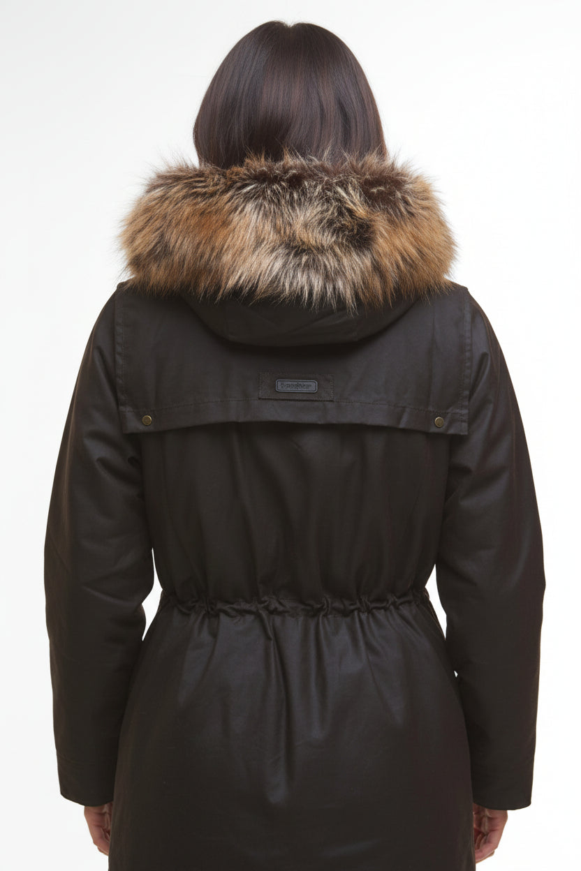 Dark brown waxed parka with fur-trimmed hood, rear view, belted waist