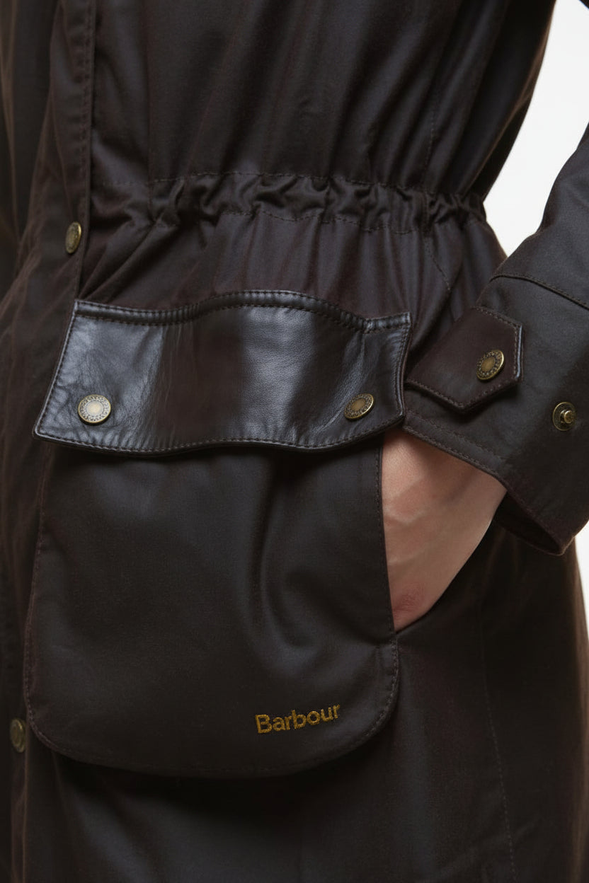 Waxed parka with chest patch pockets, Barbour logo, snap closures