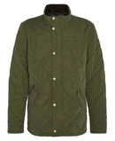 Olive quilted jacket with stand collar and full button front, diamond stitched body.