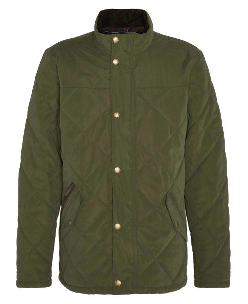 Olive quilted jacket with stand collar and full button front, diamond stitched body.
