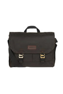 Olive wax messenger bag with flap, twin buckles, and Barbour logo patch