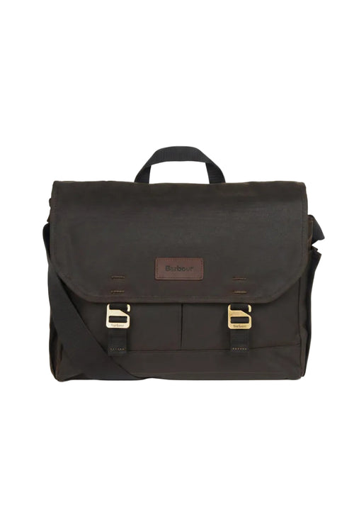 Olive wax messenger bag with flap, twin buckles, and Barbour logo patch