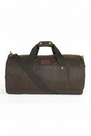 Dark olive waxed canvas duffle bag with top handles and detachable shoulder strap