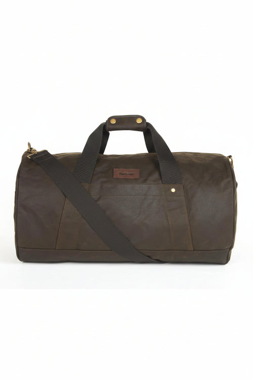 Dark olive waxed canvas duffle bag with top handles and detachable shoulder strap