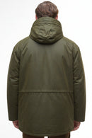 Barbour olive green waterproof hooded jacket with zip front and rear yoke detailing