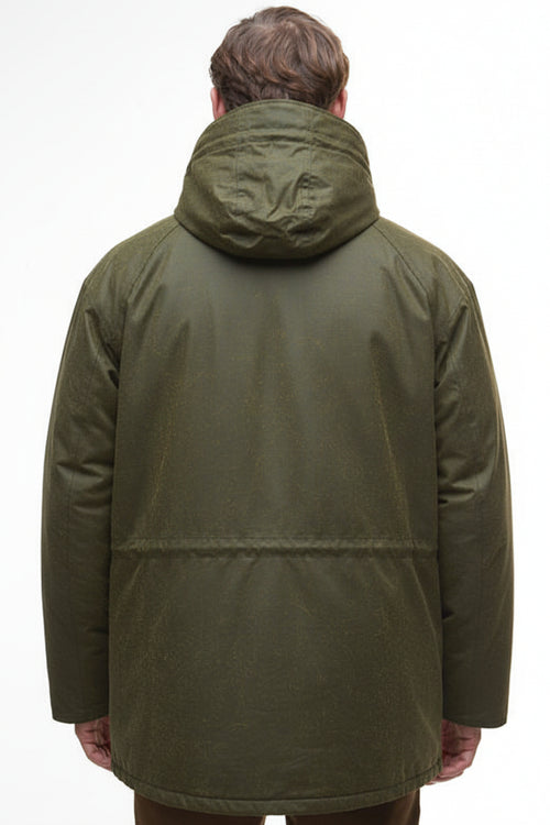 Barbour olive green waterproof hooded jacket with zip front and rear yoke detailing