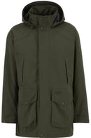 Olive green waterproof hooded jacket with zip front and flap chest pockets
