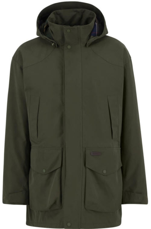 Olive green waterproof hooded jacket with zip front and flap chest pockets