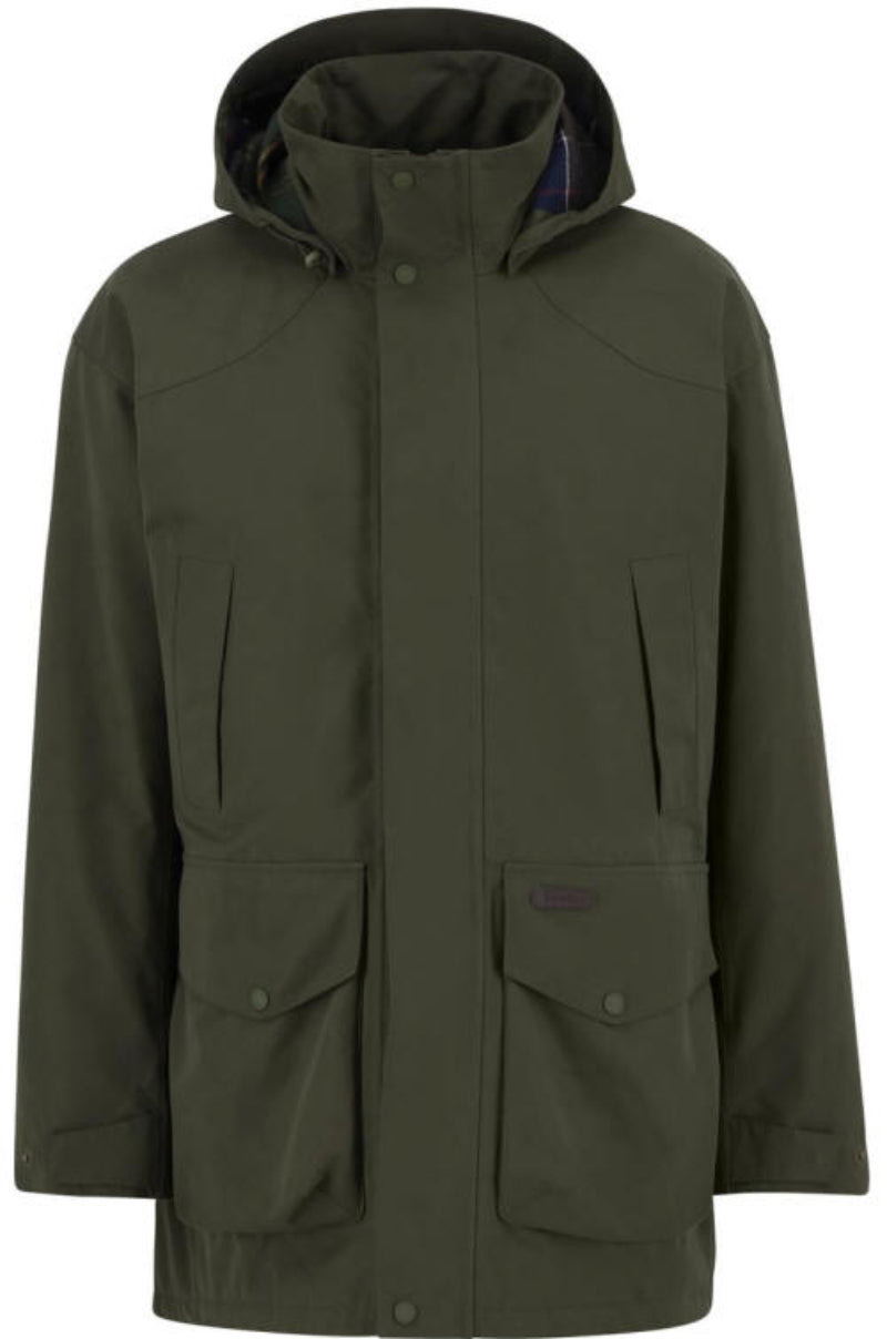Olive green waterproof hooded jacket with zip front and flap chest pockets