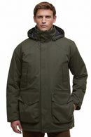 Olive green waterproof hooded jacket with two front pockets and zip closure
