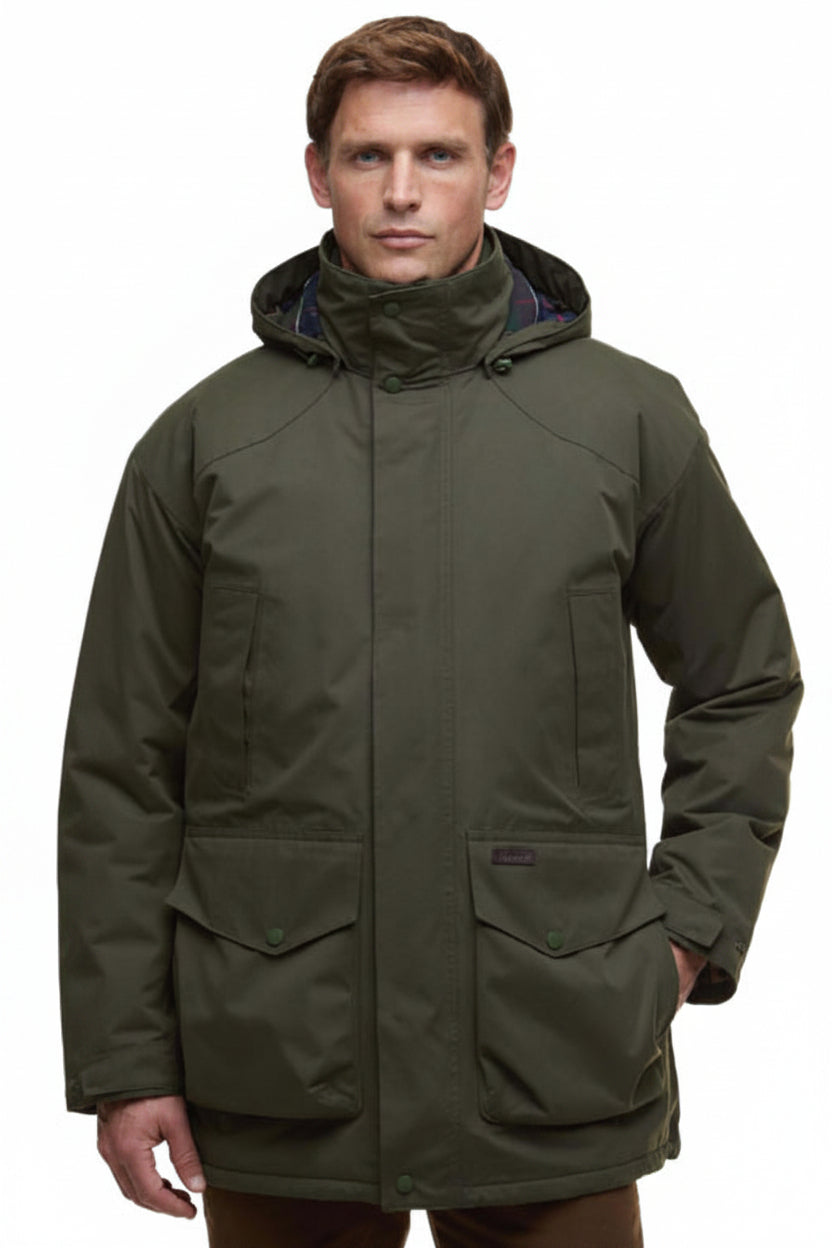 Olive green waterproof hooded jacket with two front pockets and zip closure