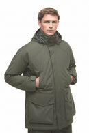 Olive green waterproof hooded jacket with multiple pockets and buttoned flaps