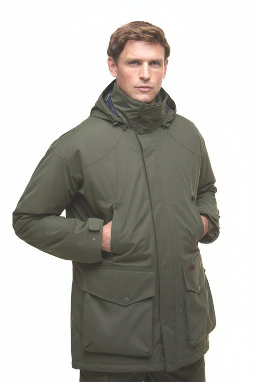 Olive green waterproof hooded jacket with multiple pockets and buttoned flaps