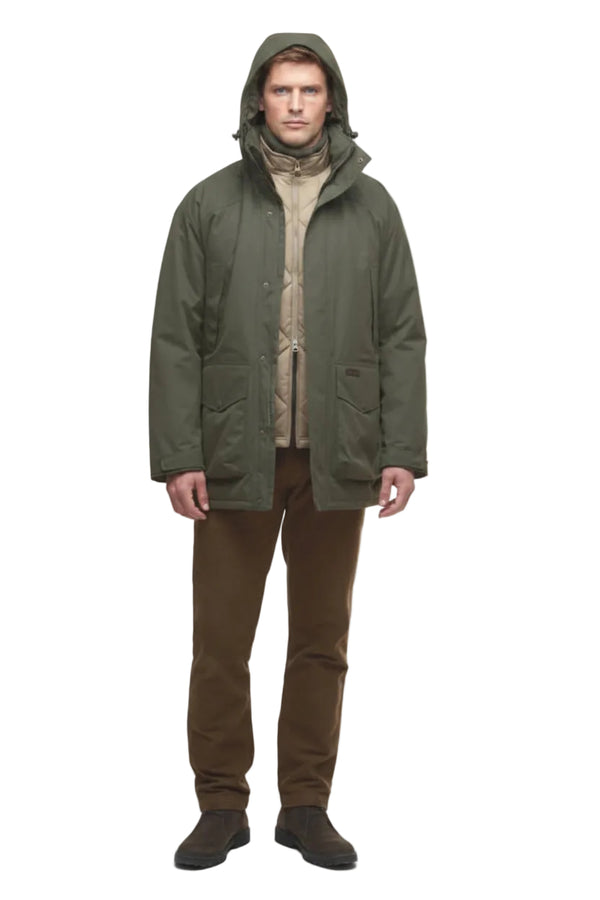 Olive green waterproof hooded parka with zip front and adjustable hood