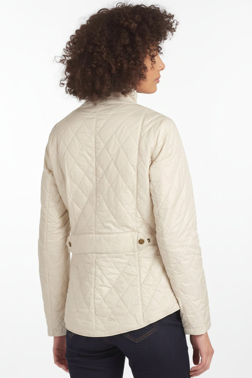 Women’s light-cream quilted jacket with diamond quilt back and snap-button side hem