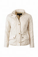 Light-cream quilted jacket flat lay with snap front, patch pockets, diamond stitching