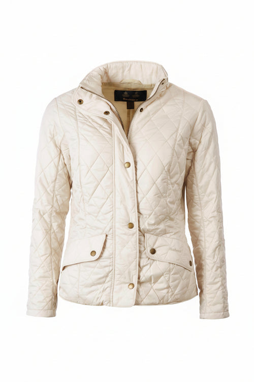 Light-cream quilted jacket flat lay with snap front, patch pockets, diamond stitching