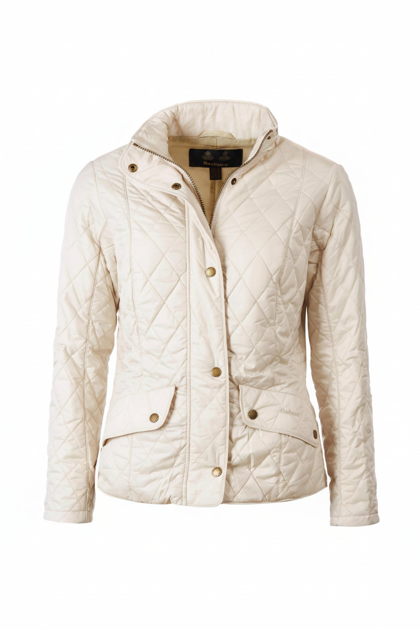 Light-cream quilted jacket flat lay with snap front, patch pockets, diamond stitching
