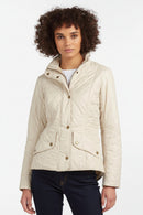 Women’s light-cream quilted jacket with snap front, stand collar, and side pockets