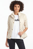 Women’s light-cream quilted jacket with snap front and stand collar, diamond quilt pattern