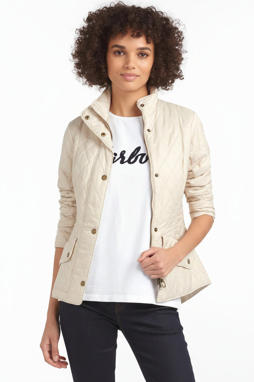 Women’s light-cream quilted jacket with snap front and stand collar, diamond quilt pattern
