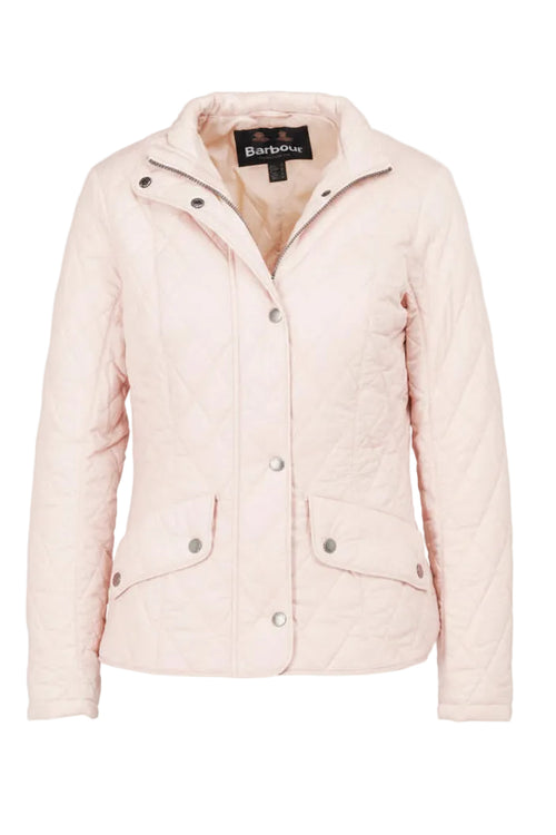Light pink Barbour quilted jacket with button front, stand collar and chest pockets