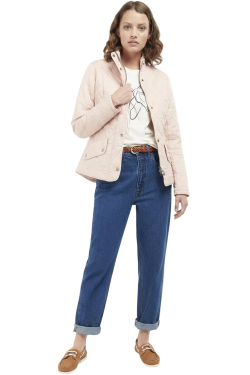 Light pink quilted jacket with button front, stand collar, side pockets, long sleeves