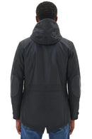 Men's black Barbour wax parka, back view with hood and center seam