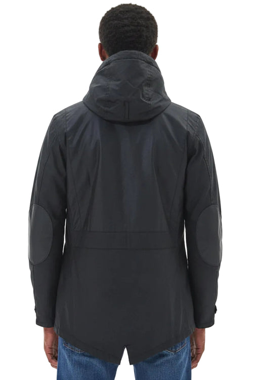 Men's black Barbour wax parka, back view with hood and center seam