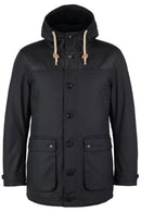 Men's Barbour wax parka, black hooded jacket with drawcord and two chest pockets