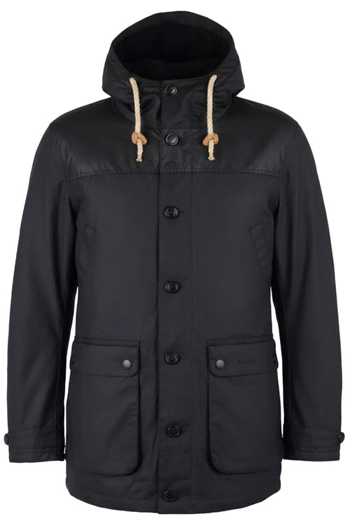 Men's Barbour wax parka, black hooded jacket with drawcord and two chest pockets
